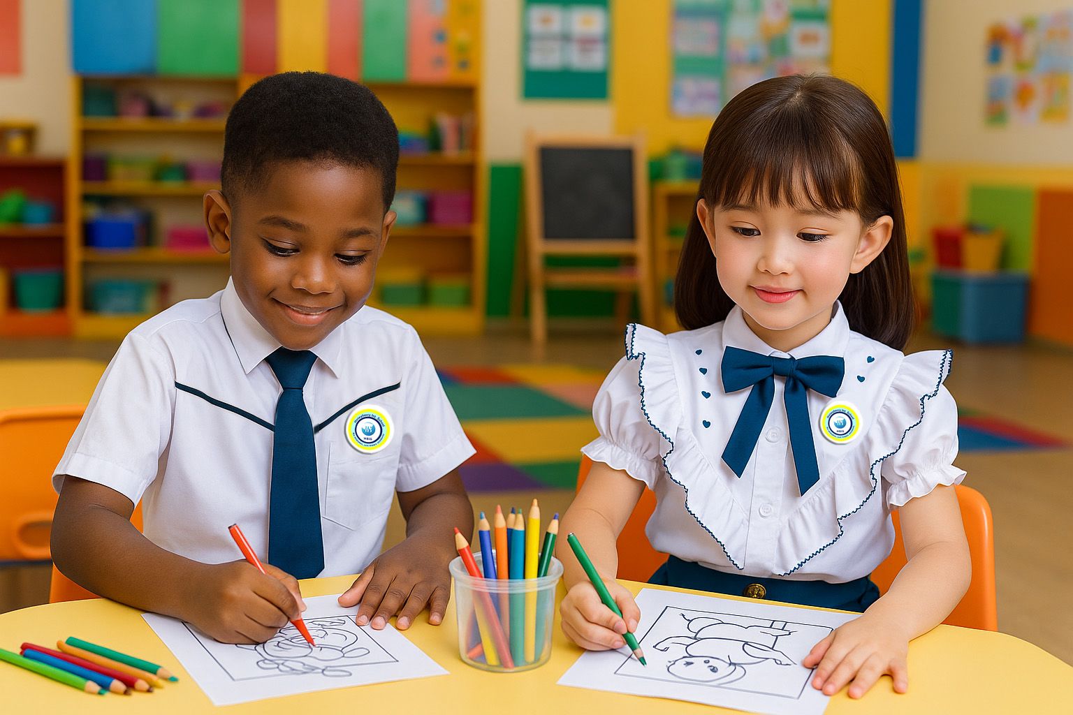 Young HoneyBerry learners drawing together in a bright early childhood classroom
